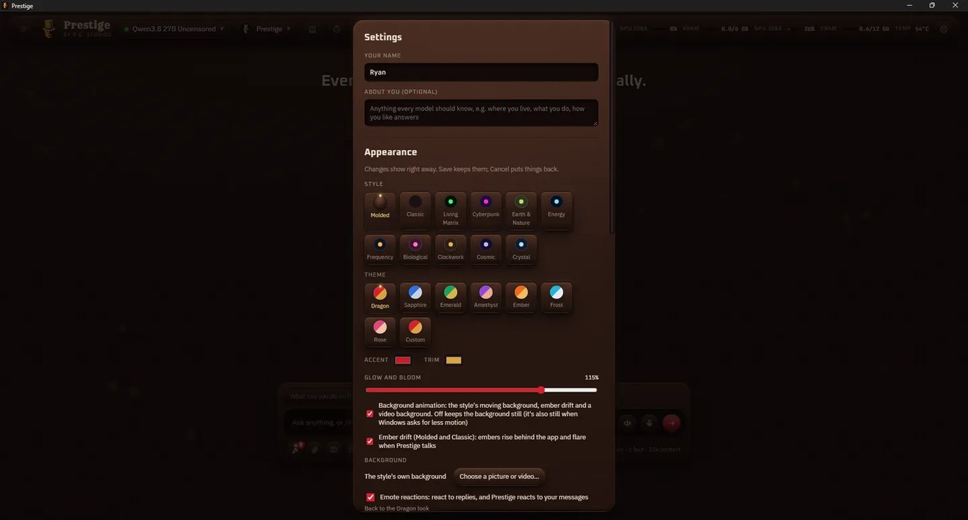 Settings, Appearance, with eleven styles